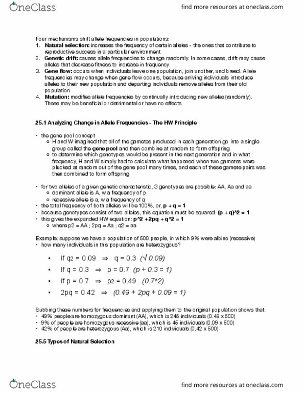 BIOLOGY 1M03 Chapter Notes - Chapter 25: Allele Frequency, Genetic Drift, Allele thumbnail