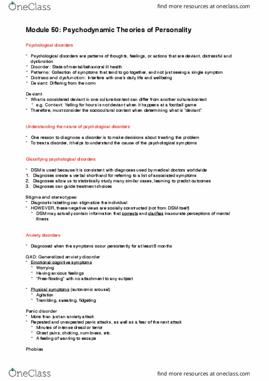 PSYCH 10 Lecture Notes - Lecture 17: Posttraumatic Stress Disorder, Generalized Anxiety Disorder, Panic Disorder thumbnail