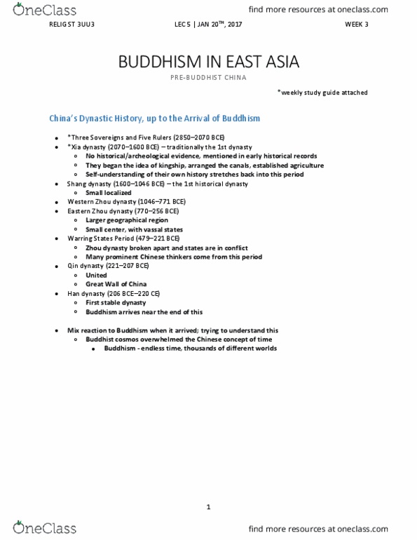 RELIGST 3UU3 Lecture Notes - Lecture 5: Qin Dynasty, Xia Dynasty, First Dynasty Of Egypt thumbnail