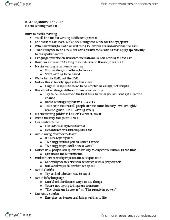 RTA 212 Lecture Notes - Lecture 1: Preposition And Postposition, Clarity, Five Ws thumbnail