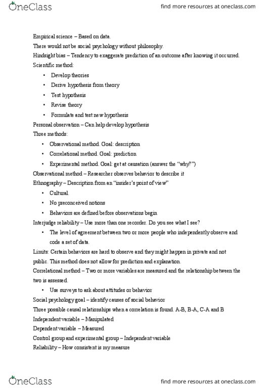 PSYC 360 Lecture Notes - Lecture 1: Hindsight Bias, List Of Fables Characters, Dependent And Independent Variables thumbnail