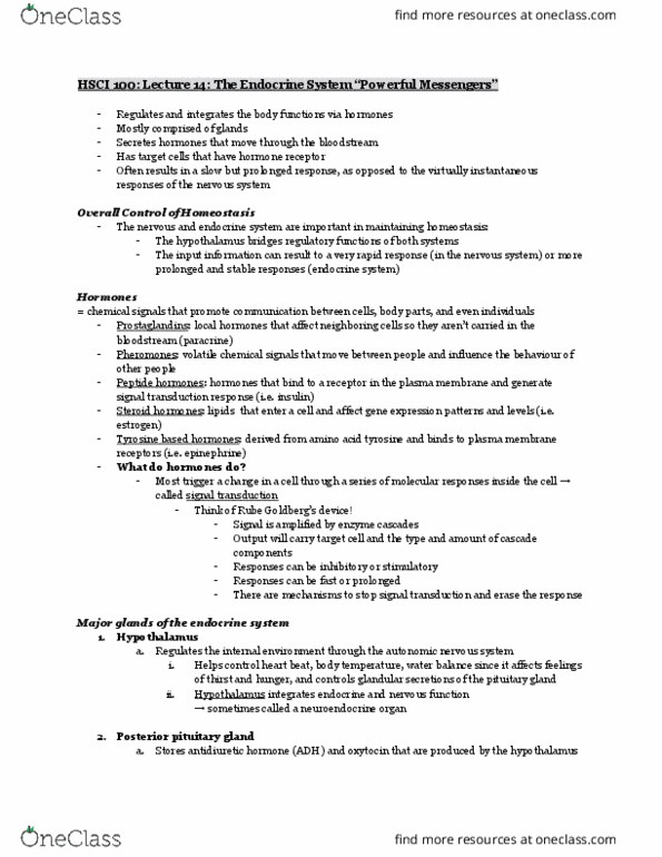 HSCI 100 Lecture Notes - Lecture 14: Autonomic Nervous System, Signal Transduction, Posterior Pituitary thumbnail