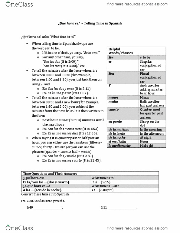 SPAN 1100H Chapter 1.4: Telling Time in Spanish thumbnail