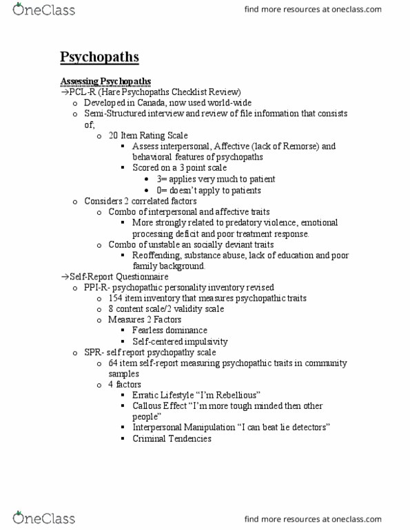 PSYC 2400 Lecture Notes - Lecture 8: Psychopathy Checklist, Psychopathic Personality Inventory, Antisocial Personality Disorder thumbnail