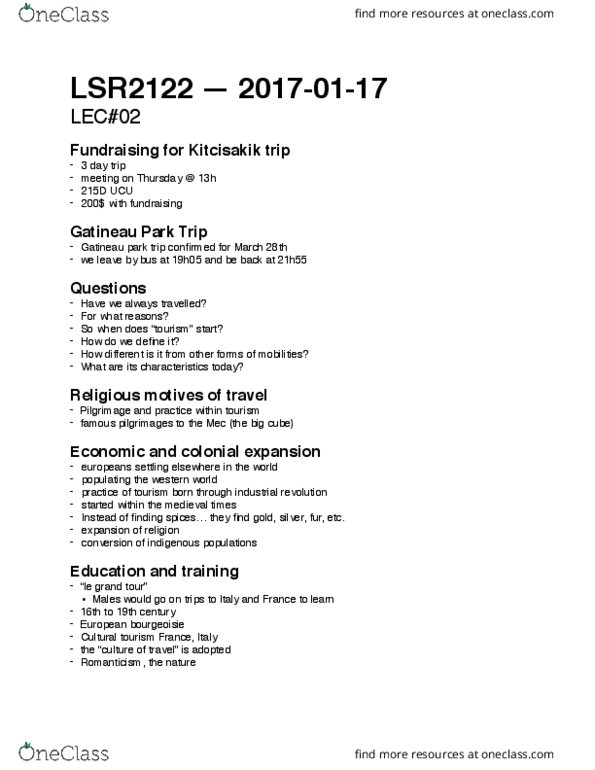 LSR 2122 Lecture Notes - Lecture 2: Gatineau Park, Cultural Tourism, Bank Holiday thumbnail