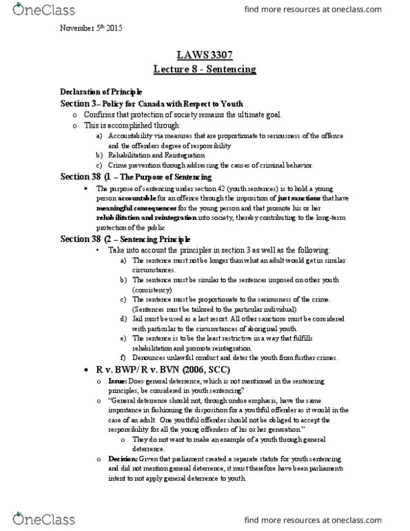 LAWS 3307 Lecture Notes - Lecture 8: Indictable Offence, Bodily Harm, The Offence thumbnail
