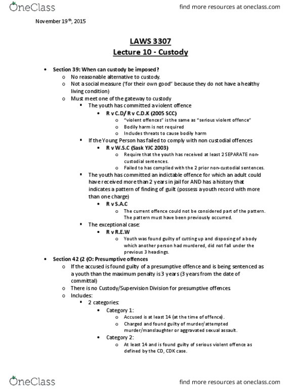 LAWS 3307 Lecture Notes - Lecture 10: Indictable Offence, Reverse Onus, Bodily Harm thumbnail