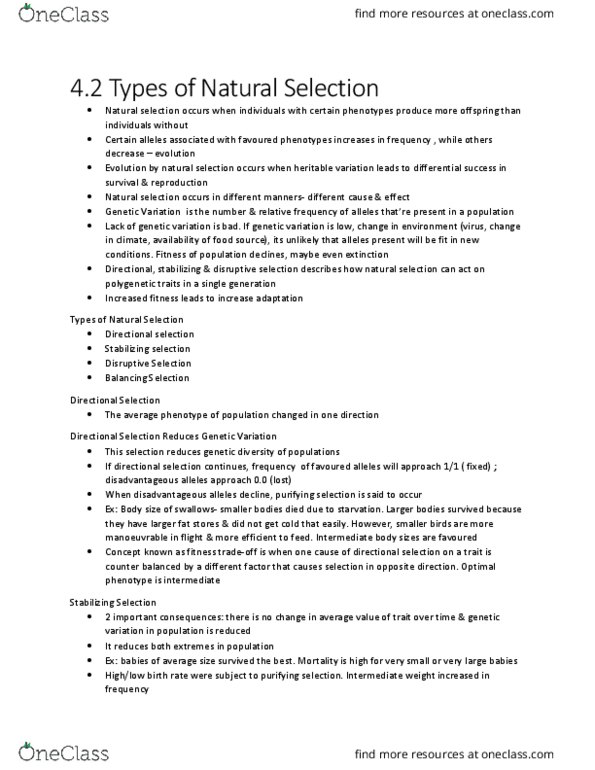 BIOL 1001 Chapter Notes - Chapter 4.2: Natural Selection, Directional Selection, Disruptive Selection thumbnail