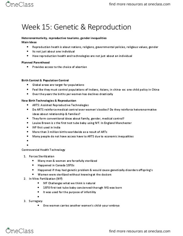 BIOL 1001 Lecture Notes - Lecture 15: In Vitro Fertilisation, Louise Brown, Reproductive Health thumbnail