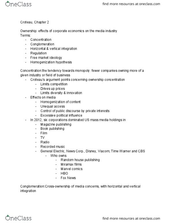 MCC-UE 14 Lecture Notes - Lecture 8: Random House, Miramax, Horizontal Integration thumbnail