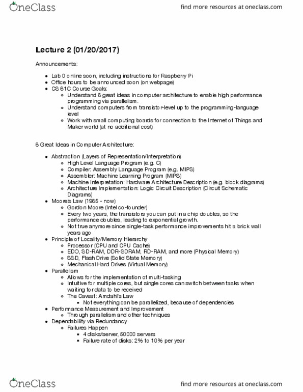 COMPSCI 61C Lecture Notes - Lecture 2: Cpu Cache, Raspberry Pi, Synchronous Dynamic Random-Access Memory thumbnail