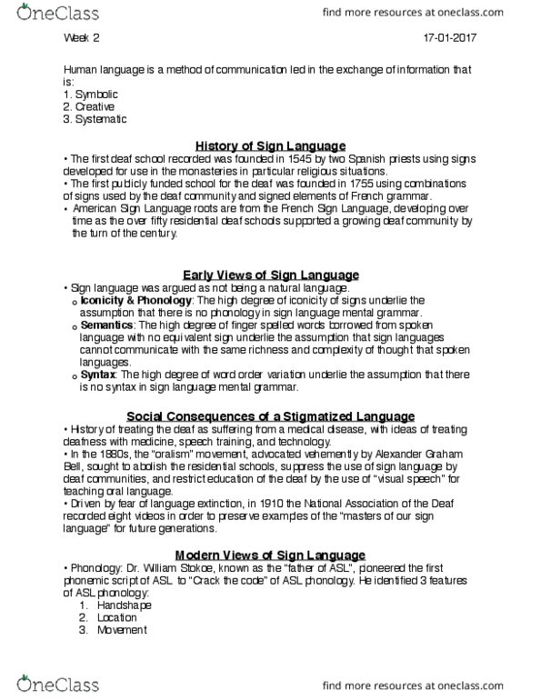 LINGUIST 1A03 Lecture Notes - Lecture 2: French Sign Language, American Sign Language, Sign Language thumbnail