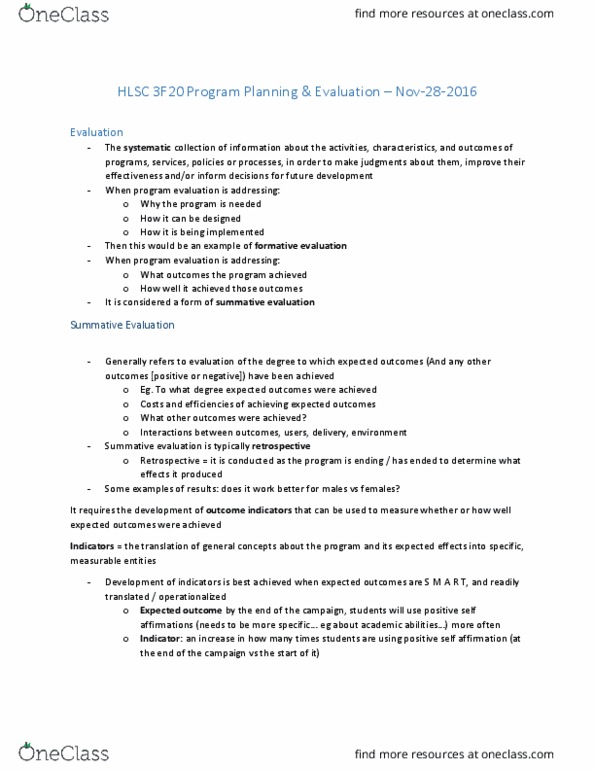 HLSC 3F20 Lecture Notes - Lecture 11: Summative Assessment, Event Management, Impact Evaluation thumbnail
