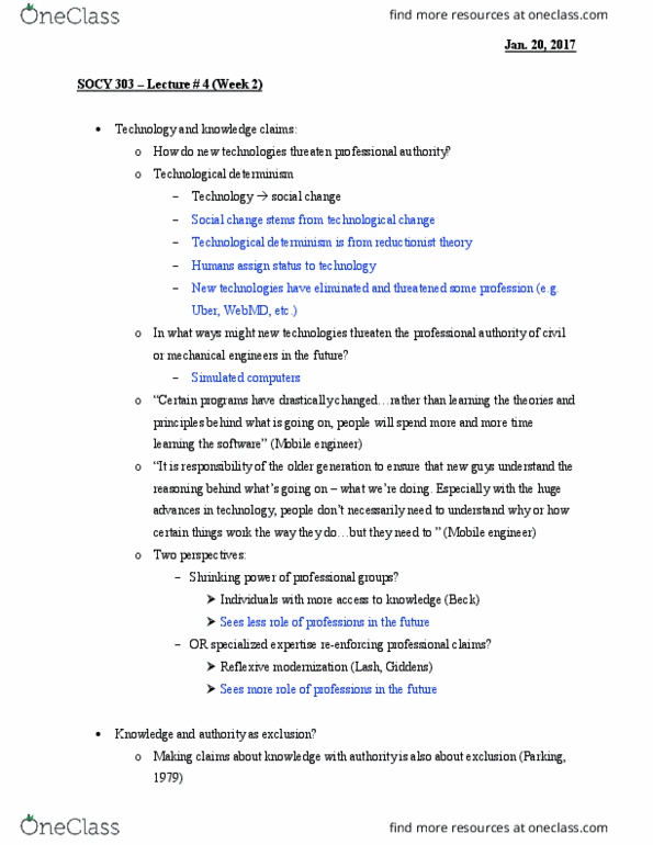 SOCY 303 Lecture Notes - Lecture 4: Reflexive Modernization, Webmd, Technological Determinism thumbnail