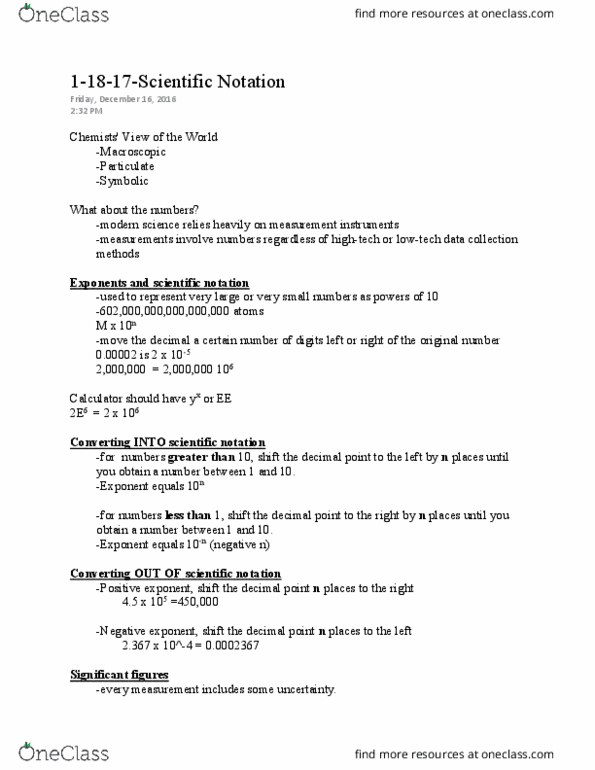 CHEM 107 Lecture Notes - Lecture 1: Scientific Notation, Decimal Mark, Significant Figures thumbnail