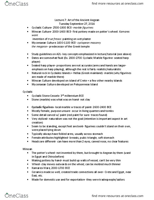 ARTHIST 1A03 Lecture Notes - Lecture 7: Cyclades, Cyclopean Masonry, Cycladic Culture thumbnail