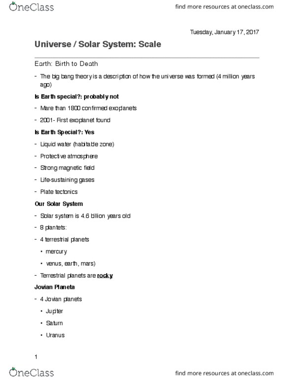 GEOS 170A1 Lecture Notes - Lecture 2: Plate Tectonics, Solar System, Exoplanet thumbnail