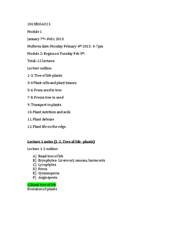 BIOA02H3 Lecture Notes - Spermatozoon, Lycopodiophyta, Protonema thumbnail