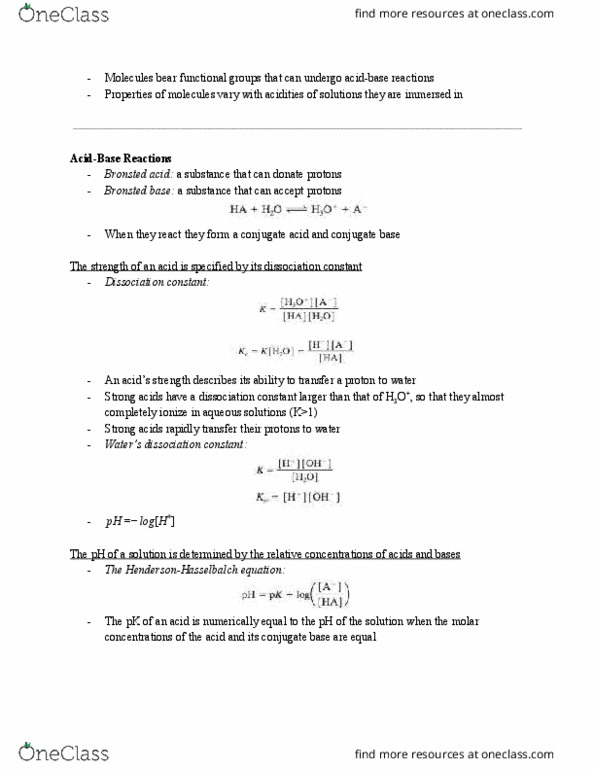 BCH 2333 Chapter Notes - Chapter 2b: Dissociation Constant, Titration Curve, Conjugate Acid thumbnail