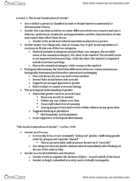 SOCIOL 1360 Lecture Notes - Lecture 1: Gender Binary, Biological Determinism, Social Forces thumbnail