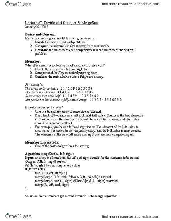 COMP 250 Lecture Notes - Lecture 7: Merge Algorithm, Selection Sort thumbnail