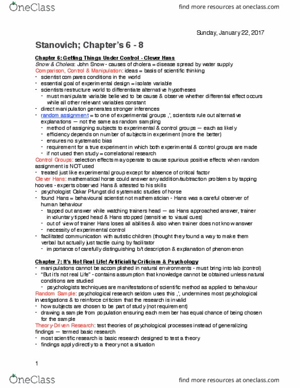 Psychology 2800E Chapter Notes - Chapter 6-8: Random Assignment, Observational Error, Facilitated Communication thumbnail