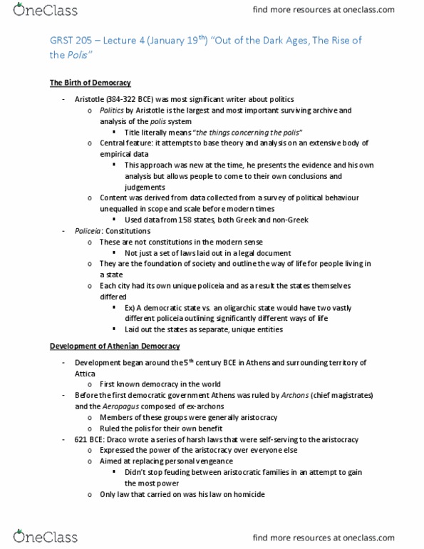 GRST 205 Lecture Notes - Lecture 4: Helots, Spartan Constitution, Alcmaeonidae thumbnail