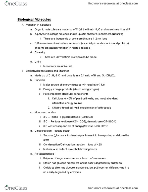 BIOL 12100 Lecture Notes - Lecture 2: Hydrophile, Hexose, Deoxyribose thumbnail