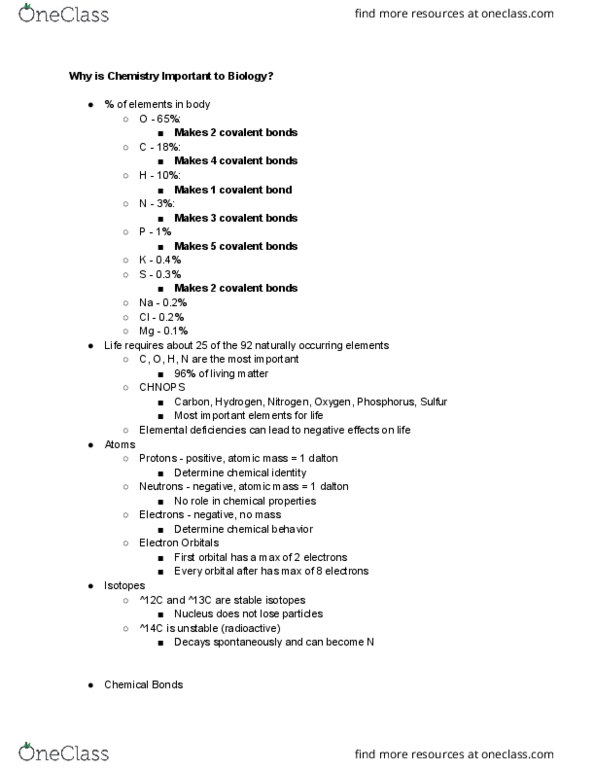 BSC 114 Lecture Notes - Lecture 1: Nonmetal, Chon, Covalent Bond thumbnail