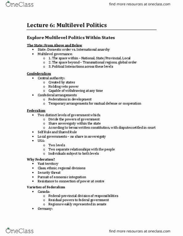 Political Science 1020E Lecture Notes - Lecture 6: Fiscal Federalism, Dual Federalism, Separate Spheres thumbnail