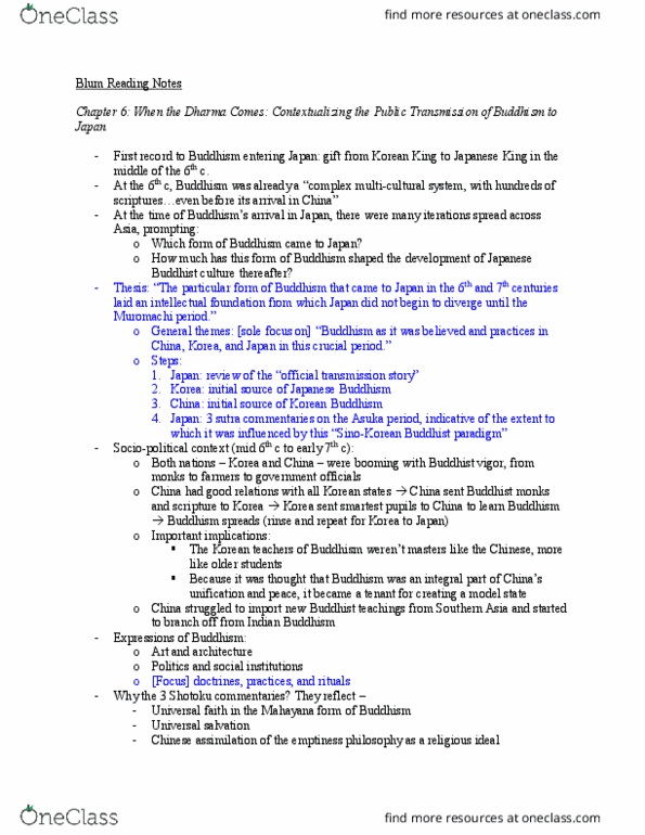 HISTART 134A Chapter Notes - Chapter Blum: Sui Dynasty, Korean Buddhism, Emperor Kinmei thumbnail