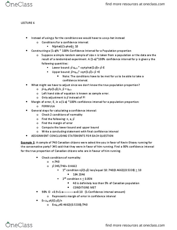 MATH 1F92 Lecture Notes - Lecture 6: Confidence Interval, Simple Random Sample, Randomized Experiment thumbnail