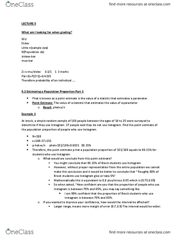 MATH 1F92 Lecture Notes - Lecture 5: Standard Deviation, Simple Random Sample, Confidence Interval thumbnail