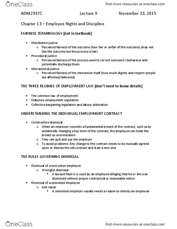 ADM 2337 Lecture Notes - Lecture 9: Wrongful Dismissal, Constructive Dismissal, Fundamental Breach thumbnail