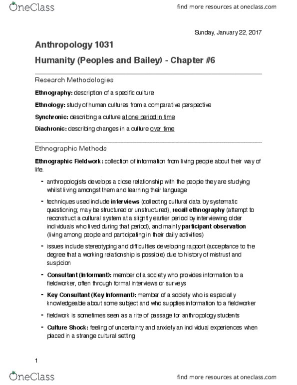 ANTH 1031 Chapter Notes - Chapter 6: Ethnography, Participant Observation, Human Relations Area Files thumbnail