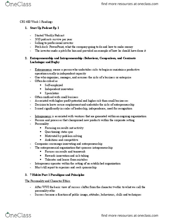 CRI 400 Lecture Notes - Lecture 1: Luser, Intrapreneurship, Microsoft Powerpoint thumbnail