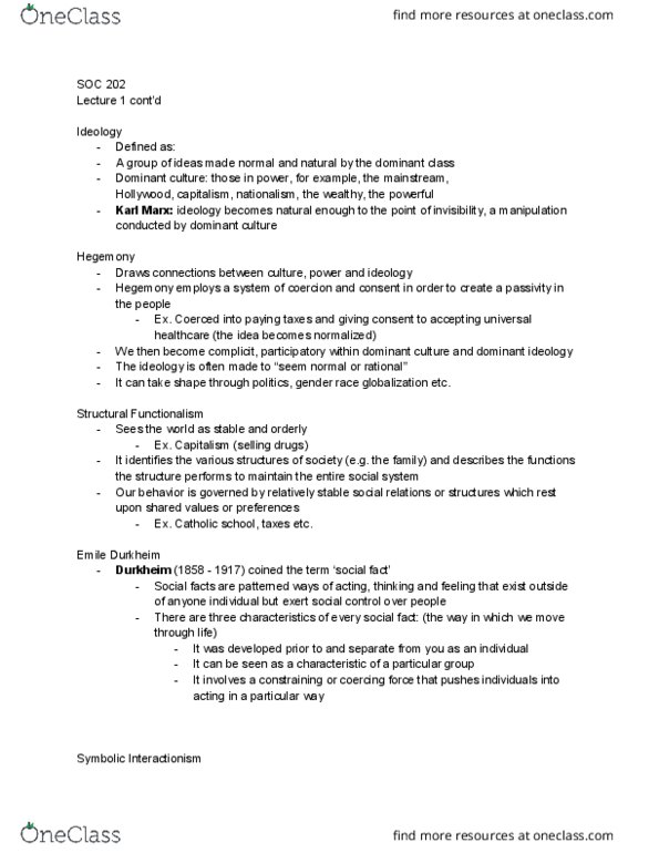 SOC 202 Lecture Notes - Lecture 1: Symbolic Interactionism, George Herbert Mead, Universal Health Care thumbnail