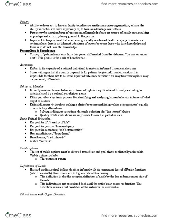 Thanatology 2200 Lecture Notes - Lecture 3: Principle Of Double Effect, Organ Donation, Brainstem thumbnail