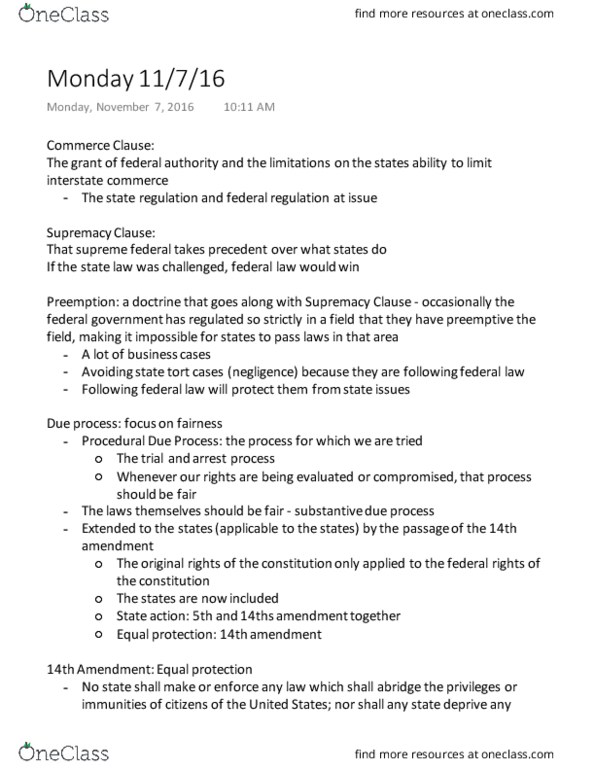 MANAGMNT 260 Lecture Notes - Lecture 17: Fourteenth Amendment To The United States Constitution, Supremacy Clause, Commerce Clause thumbnail