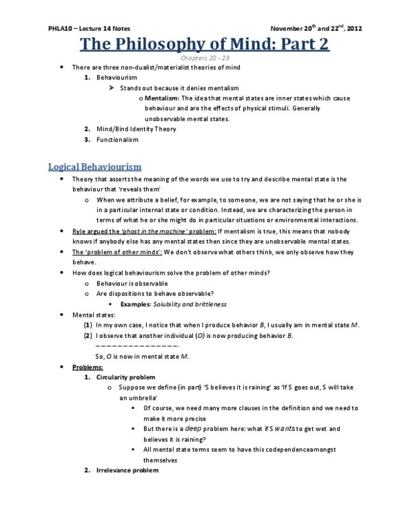 PHLA10H3 Lecture Notes - Lecture 14: Behaviorism, Psychological Types, Testability thumbnail