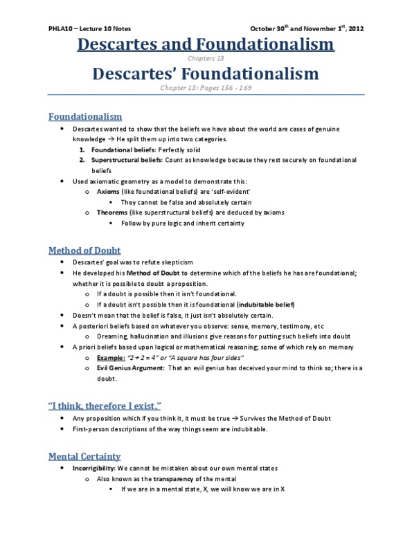 PHLA10H3 Lecture Notes - Lecture 10: A Priori And A Posteriori, Foundationalism thumbnail