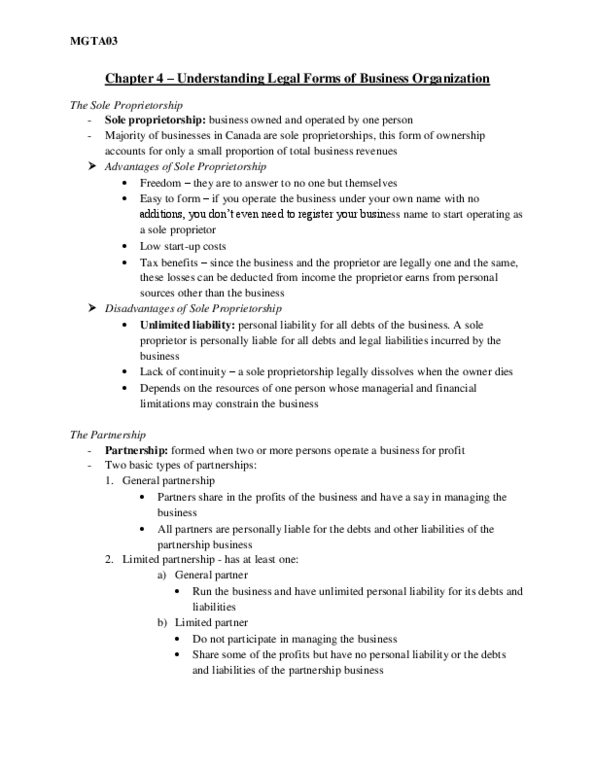 MGTA02H3 Chapter Notes - Chapter 4: Limited Partnership, Canada Business Corporations Act, Horizontal Integration thumbnail