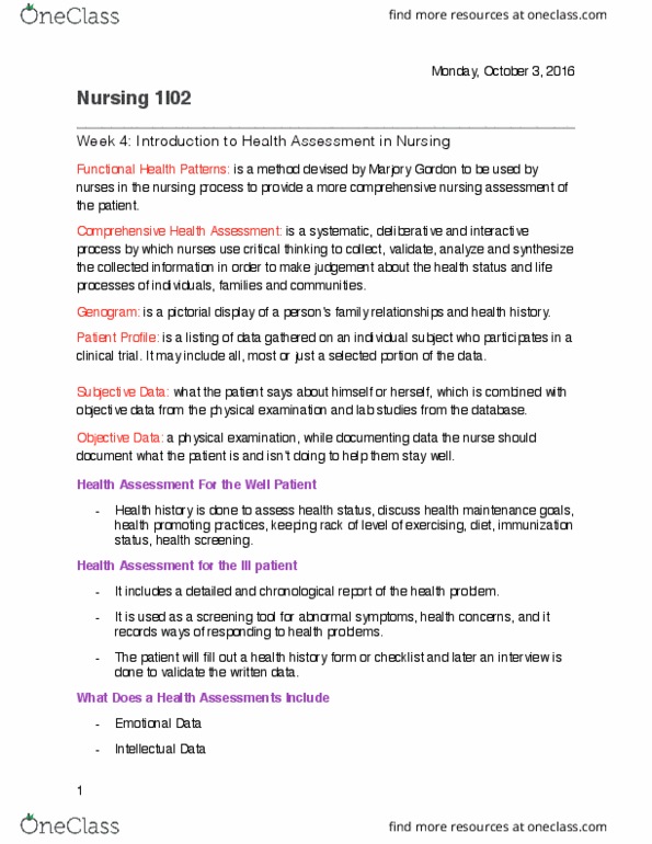 NURSING 1I02 Lecture Notes - Lecture 4: Nursing Assessment, Streptococcal Pharyngitis, Nursing Process thumbnail