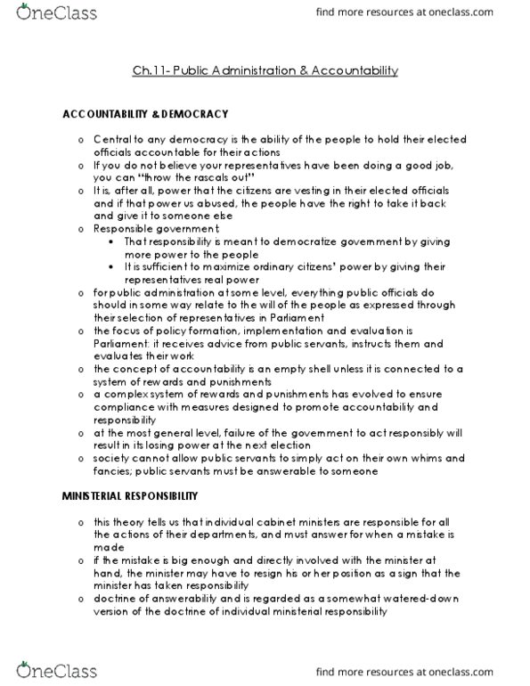Political Science 2237E Chapter Notes - Chapter 11: Cabinet Collective Responsibility, Individual Ministerial Responsibility, Responsible Government thumbnail