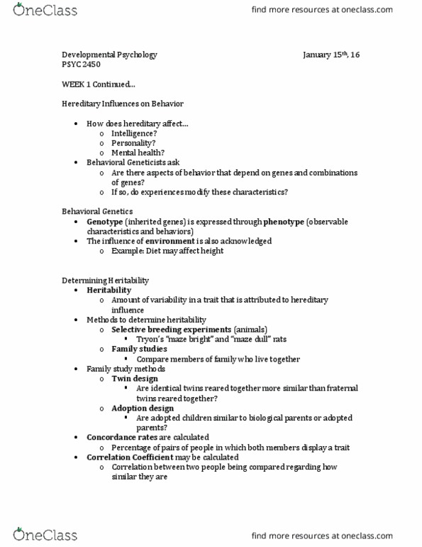 PSYC 2450 Lecture Notes - Lecture 3: Twin, Selective Breeding, Heritability thumbnail