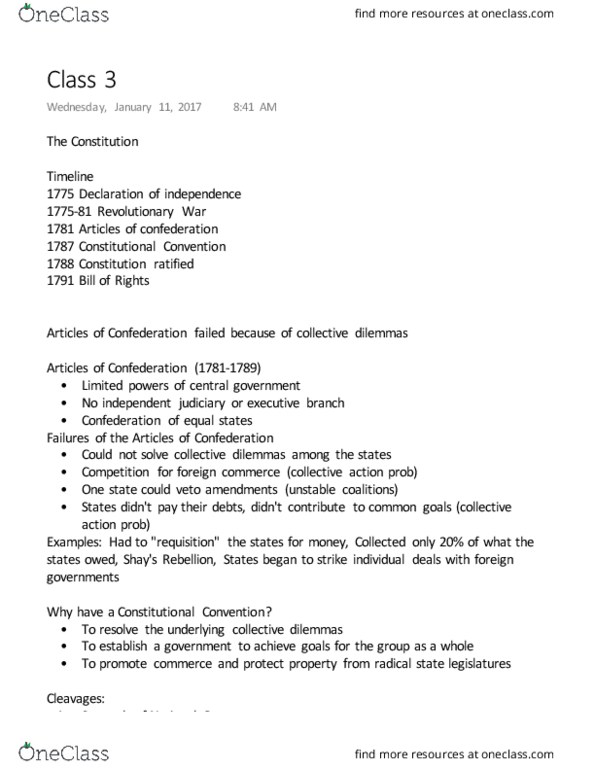 POLSCI 111 Lecture Notes - Lecture 3: Connecticut Compromise, Supremacy Clause, Limited Government thumbnail