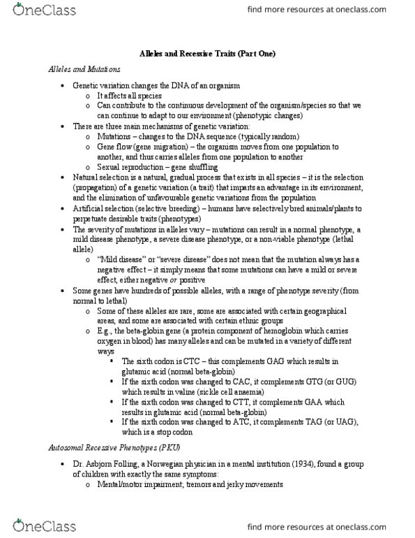 MBG 1000 Lecture Notes - Lecture 6: Phenylalanine Hydroxylase, Jerky, Phenylketonuria thumbnail