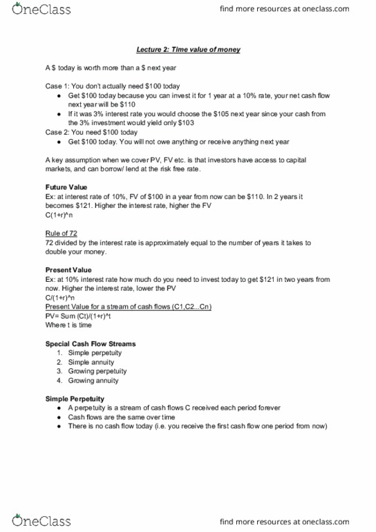 MGCR 341 Lecture Notes - Lecture 2: Risk-Free Interest Rate, Cash Flow thumbnail