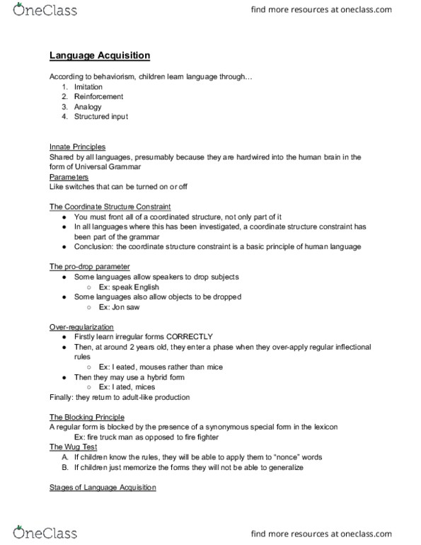 LING 200 Lecture Notes - Lecture 9: Metalinguistic Awareness, Universal Grammar, Behaviorism thumbnail