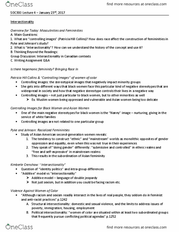 SOC380H5 Lecture Notes - Lecture 4: Identity Politics, Patricia Hill Collins, Intersectionality thumbnail